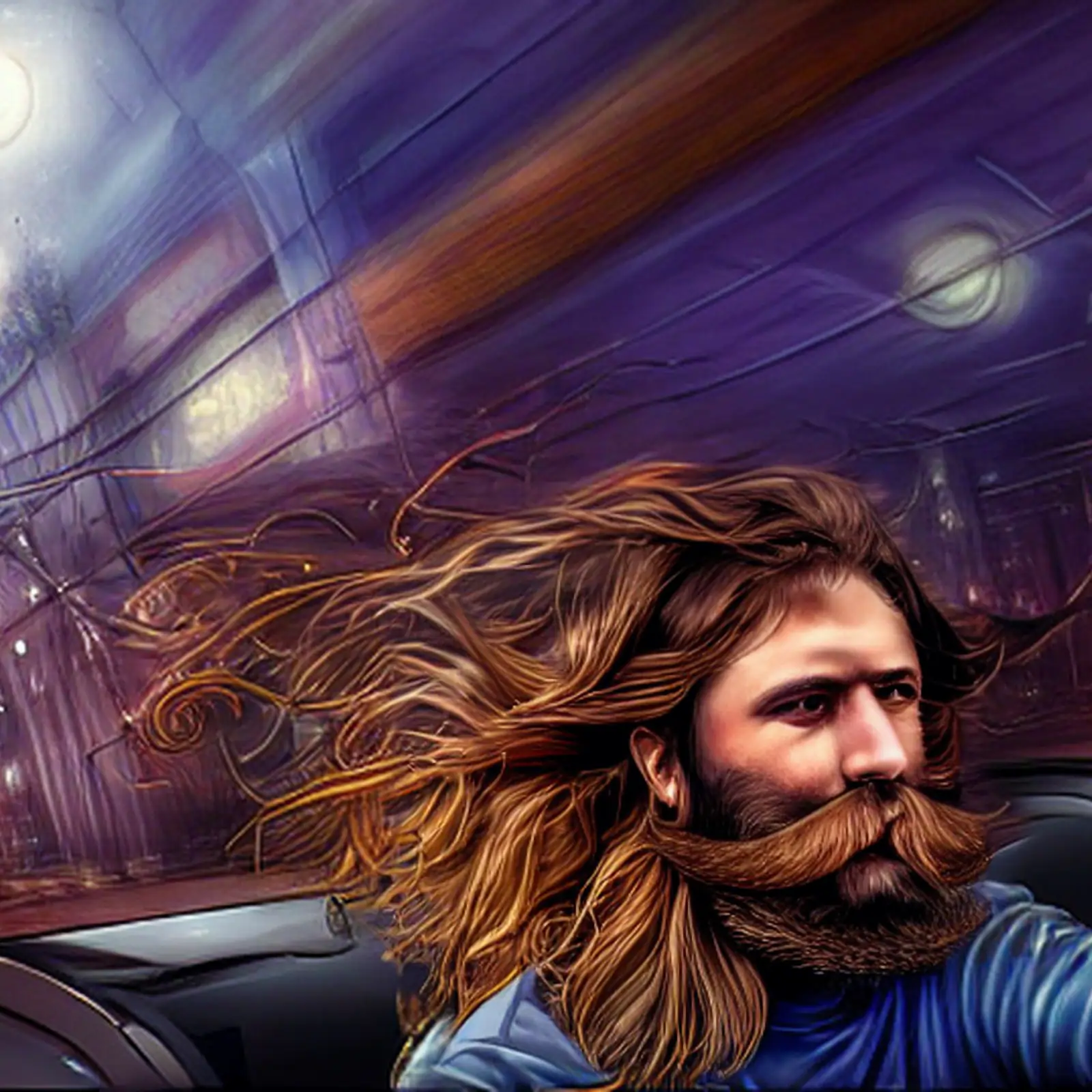 Bearded man driving a convertible car